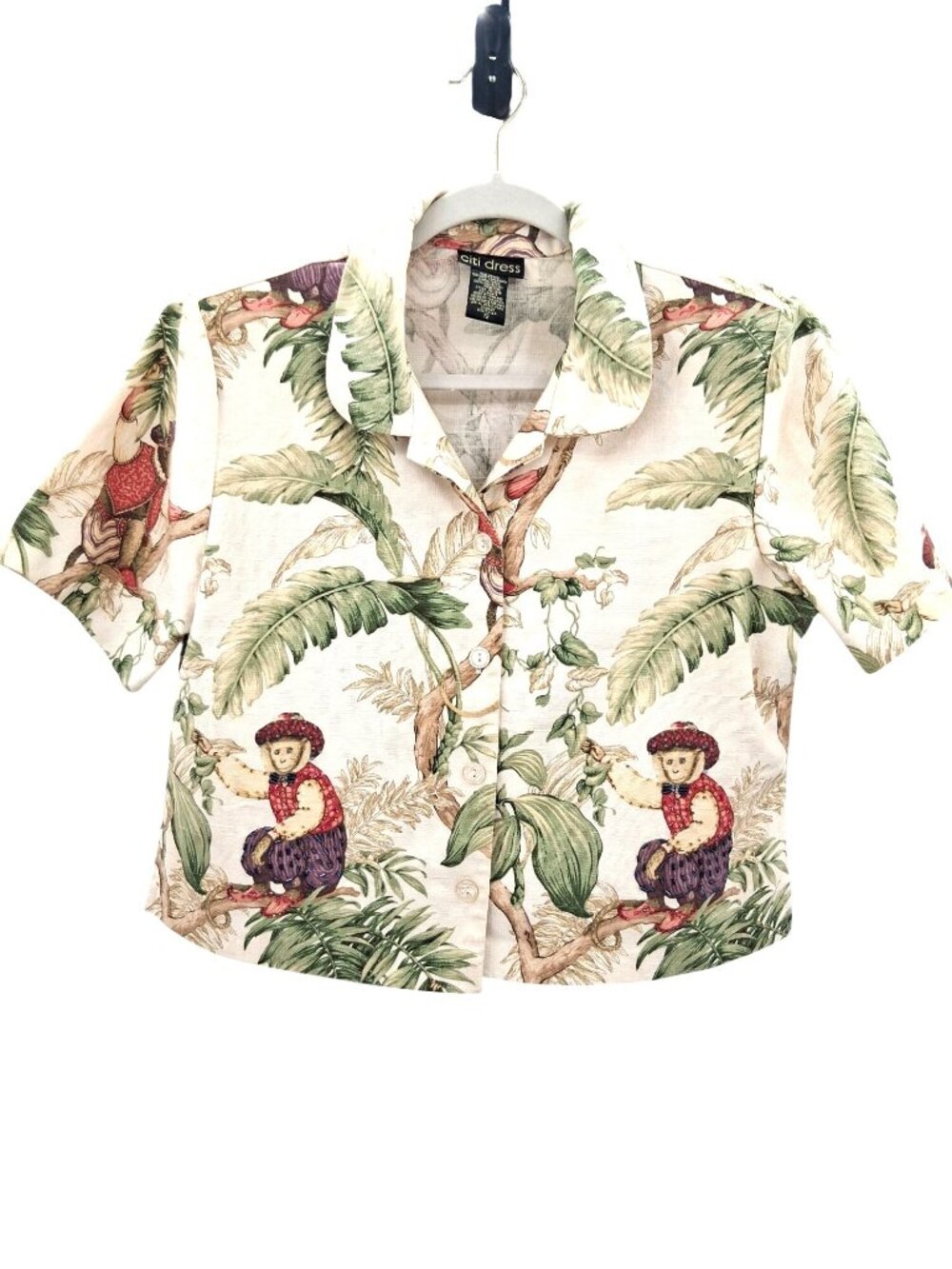 Vintage Monkey Print Beaded Button-Up Shirt Size 12
